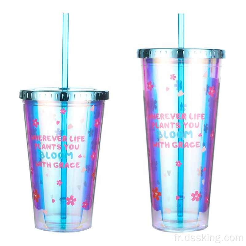 Tasse de couleur en plastique à double plastique imprimé en papier imprimé avec couvercle et paille