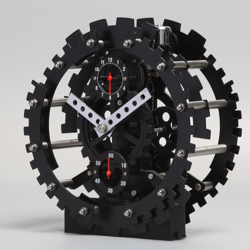 Black Round Gear Alarm Clock With A Pedestal