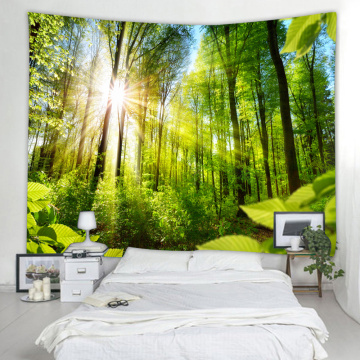 Forest Tapestry Trees Wall Hanging Nature Style Sunlight Quiet Tapestry for Livingroom Bedroom Home Dorm Decor Green