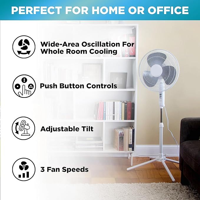 16 Inch Pedestal Fan 3-Speed Oscillation Adjustable Height Standing Floor Fan for living room bedroom kitchen and office