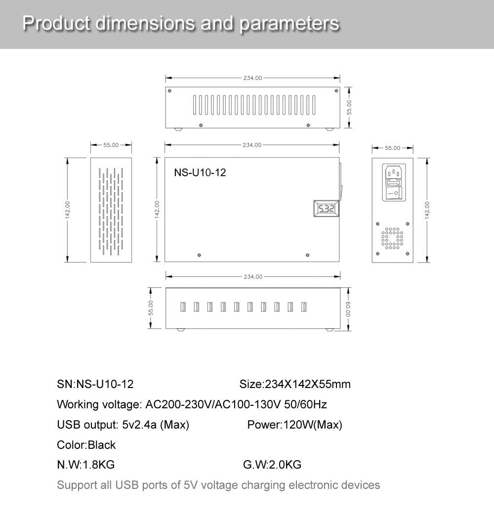 10 port charger product size and parameters