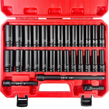 29-Piece 6-Point 1/2" Drive SAE and Metric Impact Socket Set with Extension Bars - CR-V Material