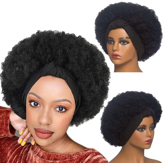 Hot Selling Short Afro Curly Synthetic Headband Wig with Drawstring High Puff Half Wigs with Turban for Black Women