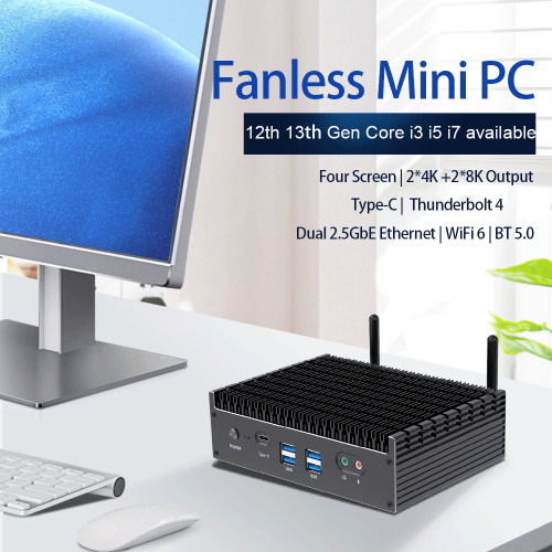 เอาท์พุทวิดีโอสี่เท่า 4K UHD Fanless Mini PC