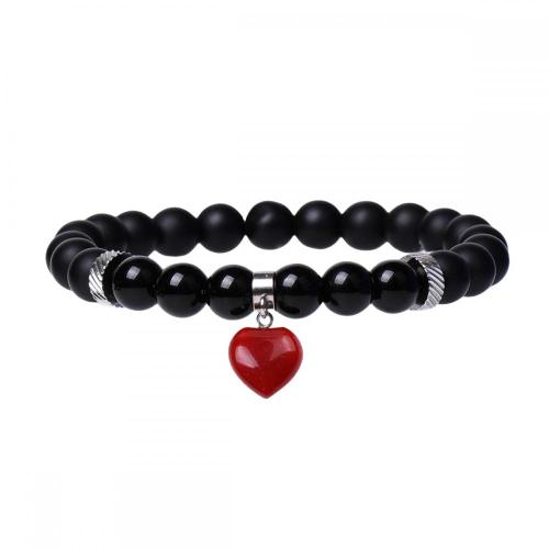 8MM Black Matte Onyx Round Beads With 15MM Gemstone Heart Charm Pendant Bracelet Crystal Beads Stretch Bracelet for Women Men