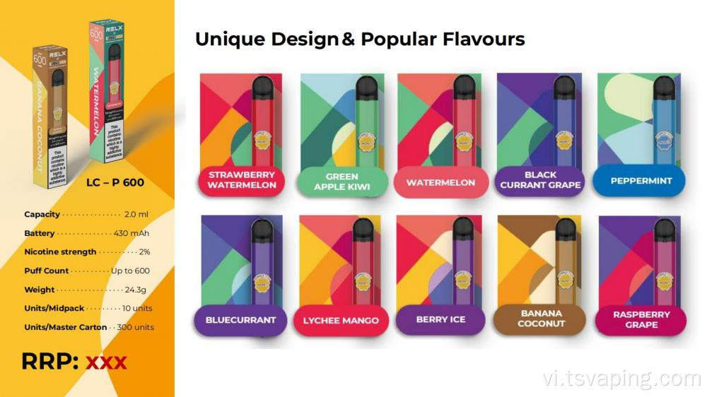 Relx dùng một lần vape 600 puff