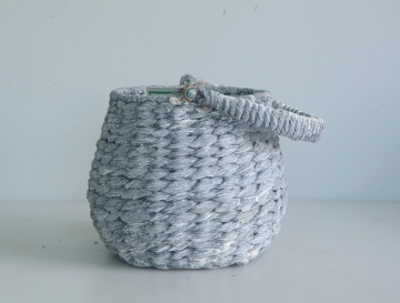 Round drum-shaped gray flower pot with handle