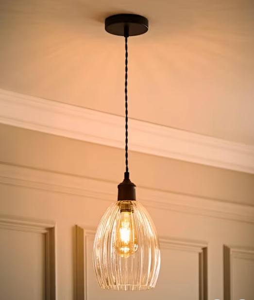 Matte Black and Ribbed Glass Pendant Ceiling Light (4)
