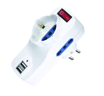 Multi-Adapter Socket with Schuko and USB Ports for German, Italian 10/16A, and 16A Standards