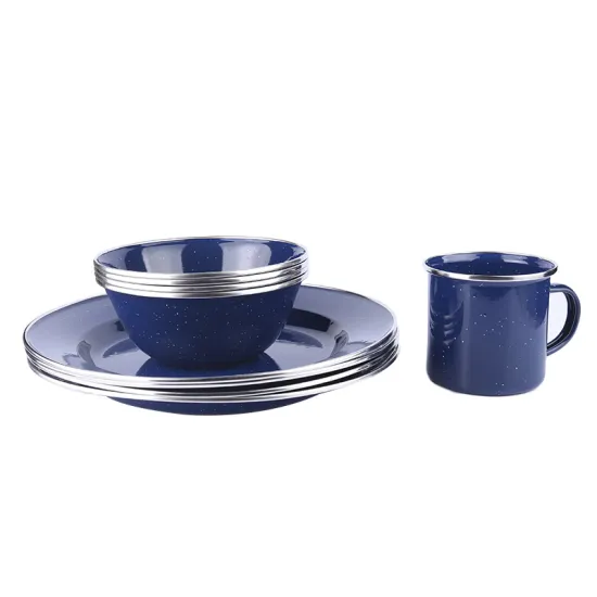 Blue with Tiny Spot Enamelware Enamel Cup+Bowl+Plate 0.35mm Carbon Steel Cup Bowl Plate Sets Enamel Tableware