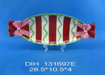 Candy-Shape Ceramic Plate with Ribbon for Christmas Decoration