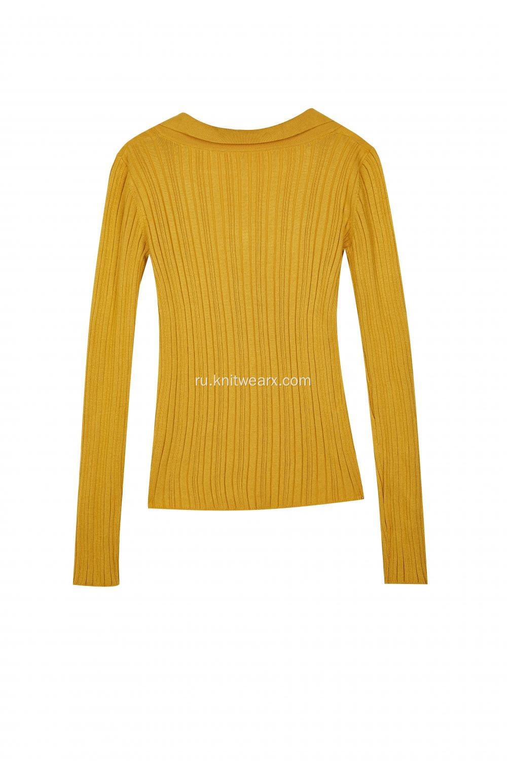 Женский трикотажный пуловер-поло с V-образным вырезом в рубчик
