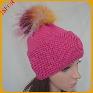 Jsfur Wholesale 100% Cotton Colorful Fur Pom Hat Beanie Hat