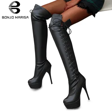 BONJOMARISA New Autumn 33-46 Sexy Party Thigh High Boots Women 2020 Tied Over The Knee Boots Super Thin High Heels Shoes Woman