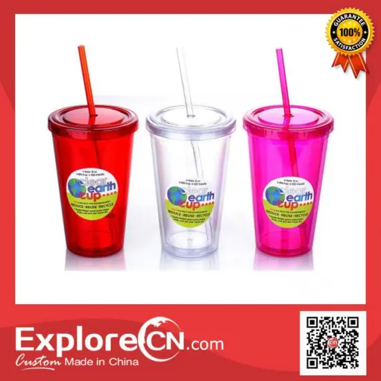 Double wall disposable plastic cups with straw