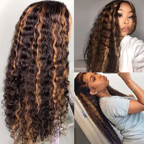 13x6 Highlight Brown Blonde Curly 100% Human Hair HD Transparent Lace Frontal Highlight Kinky Curly Remy Lace Human Hair Wig