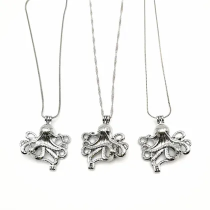 Silver Stone Pearl Cage Ocean Octopus Locket Necklace