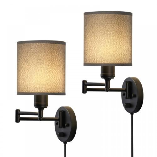 Swing Arm Wall Lamps with Grey Linen Lampshade