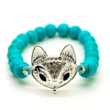 Turquoise 8MM perles rondes Bracelet extensible de pierres précieuses avec pièce de lézard en alliage Diamante