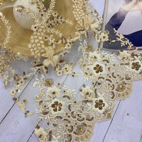 Tissu de broderie de paillettes de perles laser en mousseline de soie jaune