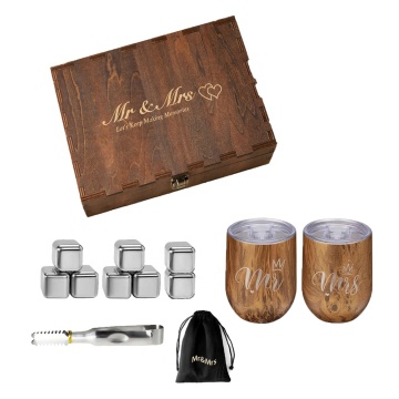 Unique Romantic Wedding Gift Set: Mr and Mrs Wine Tumblers & Slate Coasters with Glass Whiskey Stones