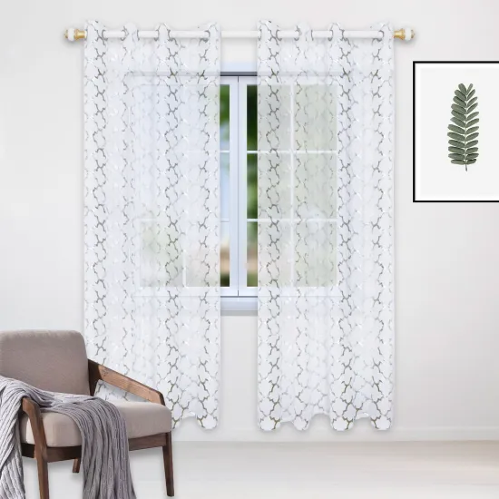 Pure White Home Living Room Window Curtains with Silver Foil Printing Sheer Drape