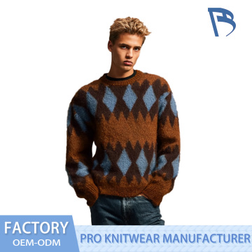 Sweater Crewneck Campuran Argyle Mohair Coklat &amp; Biru