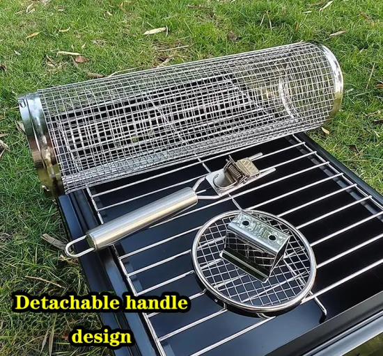 Amazon hot sale BBQ Stainless steel rolling grilling round basket BBQ Net Tube Wire Mesh grilling basket cylinder grill basket