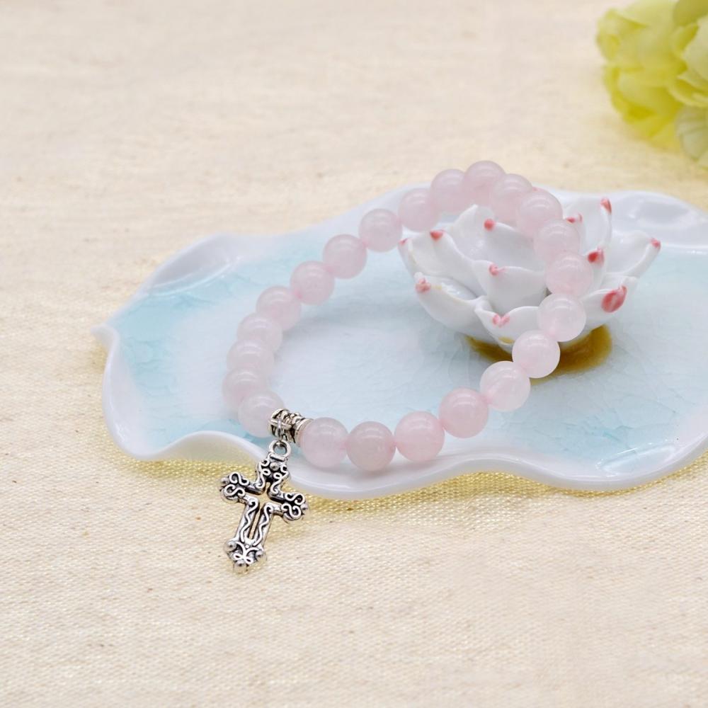 Bracelet de breloques de perles rondes de pierres précieuses naturelles de chakra de quartz de rose de 8MM avec l&#39;alliage en travers