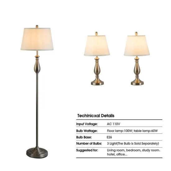 Traditional Metal Base White Fabric Shade Table and Floor Lamps Set of 3 for Home Decor