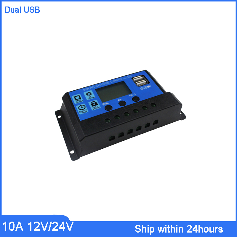 LONGLINE 24V/12V Auto Solar Battery Charge Controller 10A PWM LCD Display Solar Collector Regulator with Dual USB Output