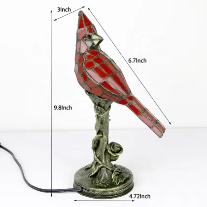 LongHuiJing Small Vintage Tiffany Style Stained Glass Red Cardinal Accent Table Lamp