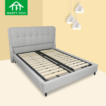 Modern Double King Size Bed Frame with Linen Headboard and Wooden Upholstery