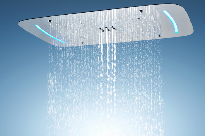 Overhead LED shower head with multiple rainfall methods