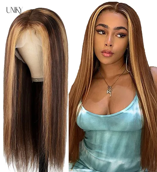 Highlight 1B Honey Brown Color Straight Human Hair Lace Front Wig Virgin Brazilian Hair Highlight Wig Transparent HD Frontal Wig