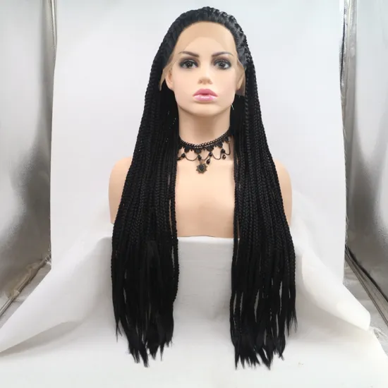 Long straight black brown cheap wholesale high guality heat resistant synthetic braided wig with lace front