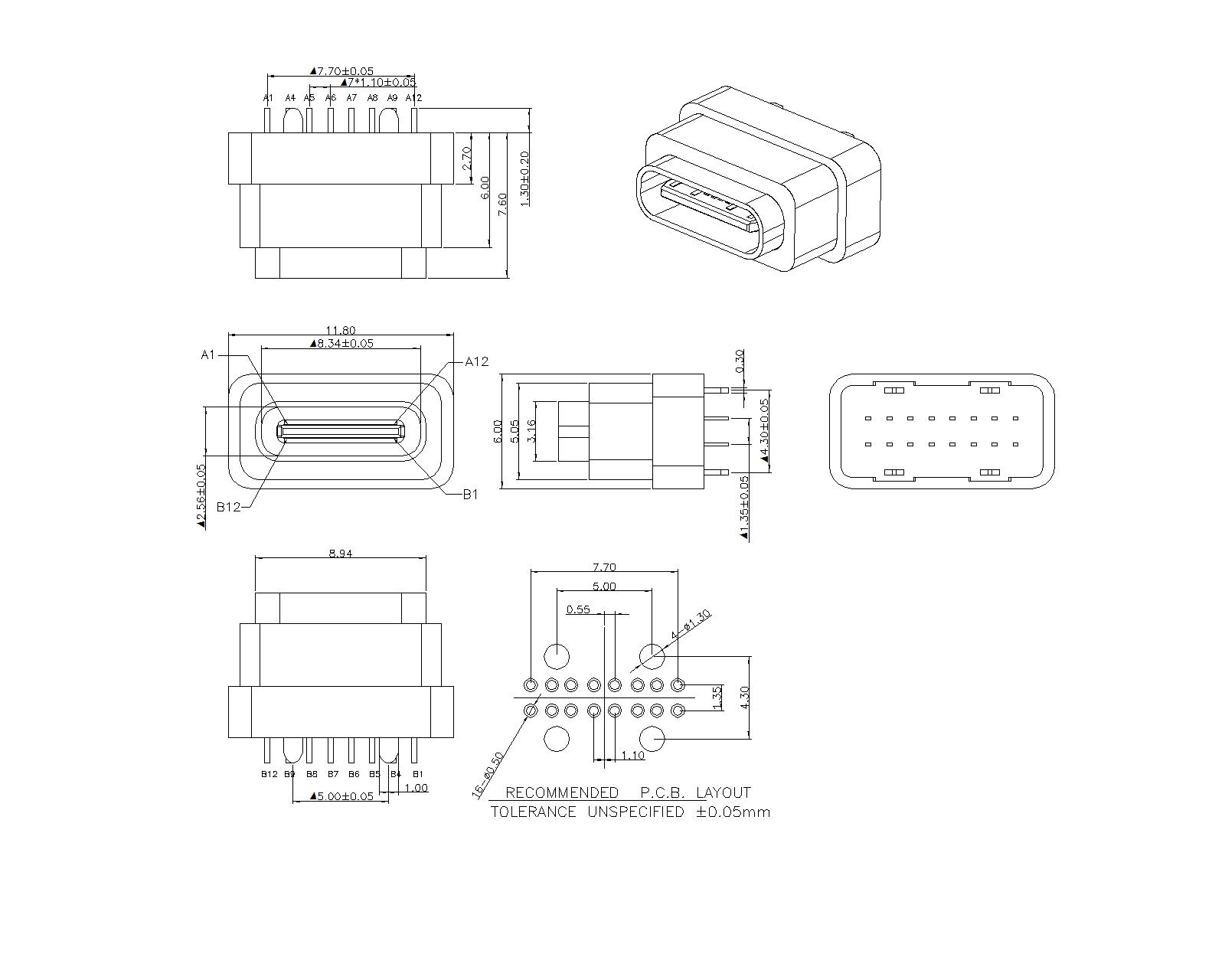 WU3.1FS08-X-X-X-X-X Type-C 16P Female Waterproof IPX8 180° DIP Type H=7.6mm,with four legs DIP Type