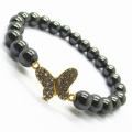 Hematite 8MM perles rondes Stretch Gemstone Bracelet avec Diamante papillon alliage pièce