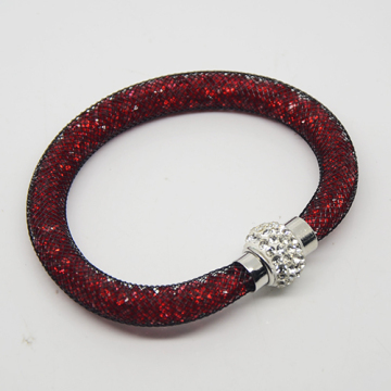 Fashion design crystal paved magnetic clasp mesh bracelet with much resin crystal beads
