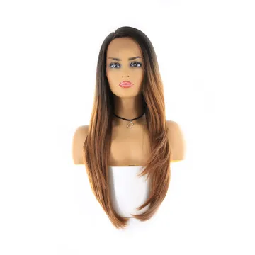 Ombre Brown Blonde Color Synthetic Hair Wigs Middle Free Part long  straight 150% density Lace Front Wigs For Women