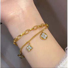 Double-layered Bracelet with Clover and Cuban Chain