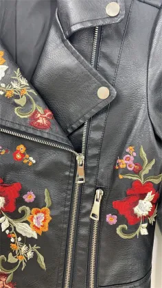 Women's Black Pu Embroidery Jacket