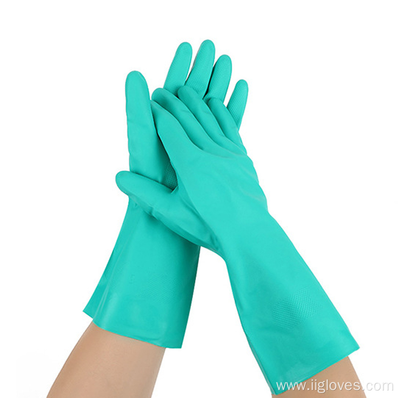 Flocked Lining Green Reusable Chemical Nitrile Gloves