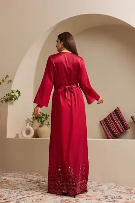 Burgundy Beaded Embroidered Hem Abaya