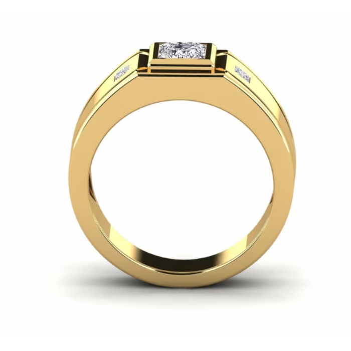 Vista frontal de un anillo de sello ancho para hombre con centro cuadrado y piedras laterales emparejadas