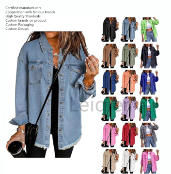 Oversized Denim Jacket with Frayed Hem and Custom Logo