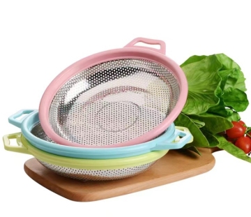 Stainless Steel Fruit Storage Basket with Plastic Handle and Wire Colander for Home Use