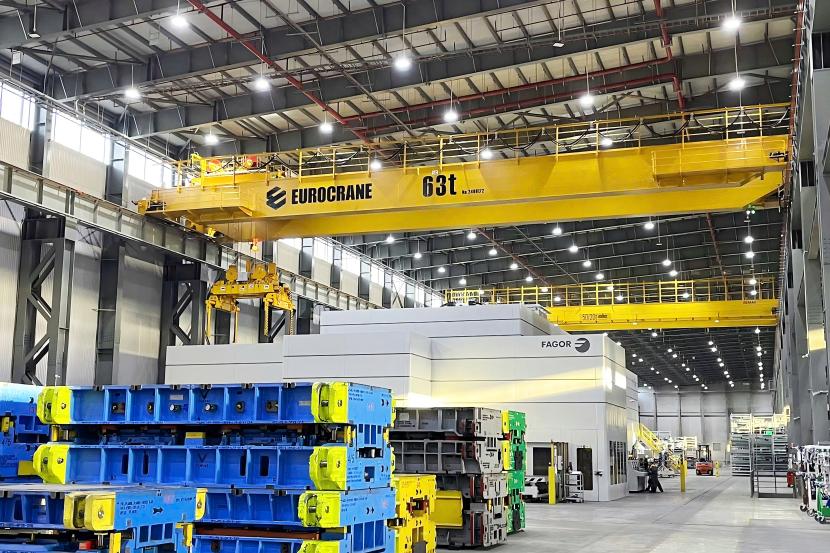 Eurocrane 63t double girder overhead crane installed in automotive stamping workshop for heavy die lifting