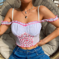 Waatfaak White Off Shoulder Sexy Mesh Top Cut Strawberry Y2K Club Cropped Cami Top Women E-girl Vest Brattle Streetwear Sexy Top