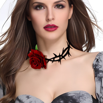 Steampunk Gothic Black Velvet Choker with Dark Roses and Spike Flowers